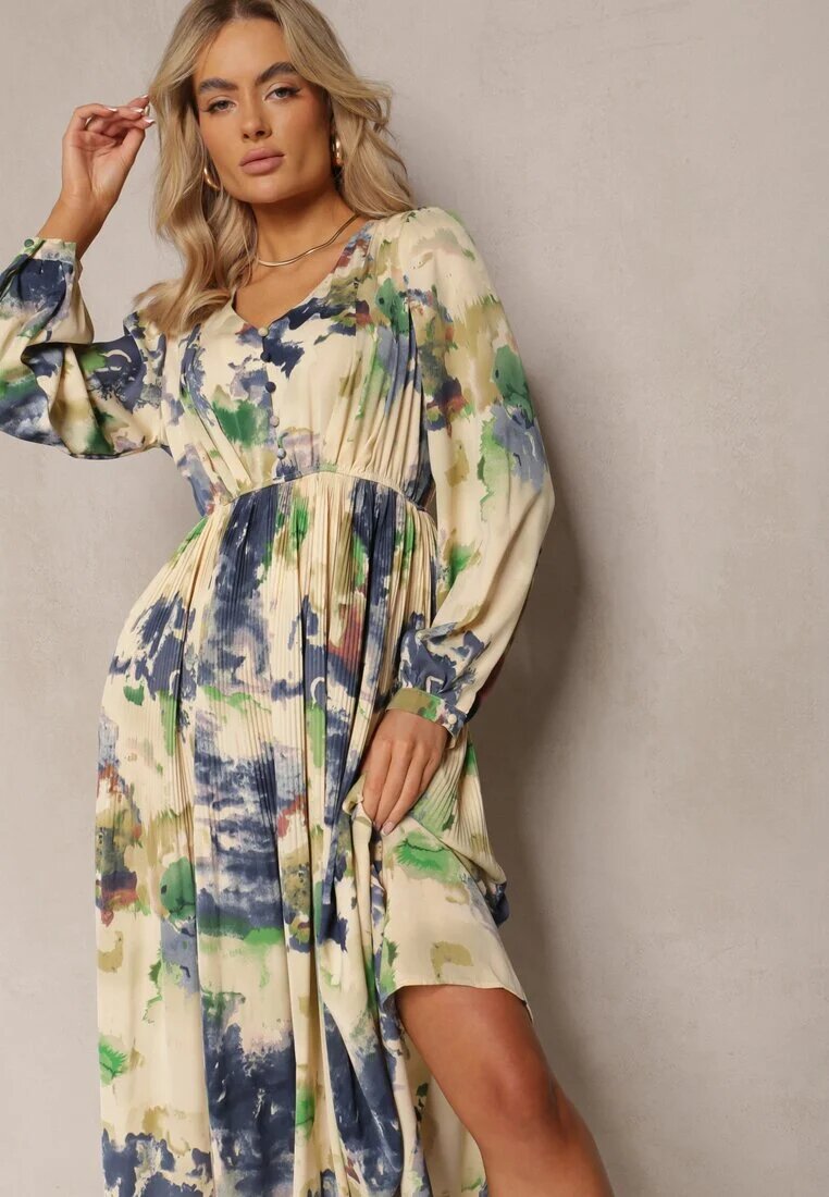 belcci Rochie Bej și Bleu Marin Cloș Maxi cu Model Abstract cu Nasturi Tiritta