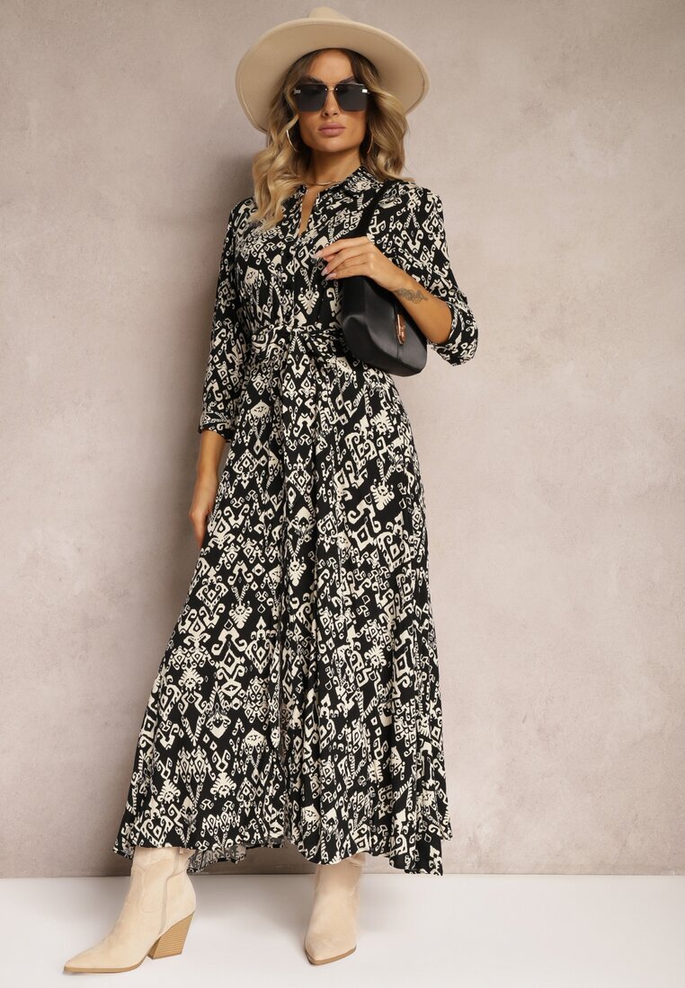 belcci Rochie cămașă Neagră Legată în talie Cu model etno Din viscoză Lokaggia