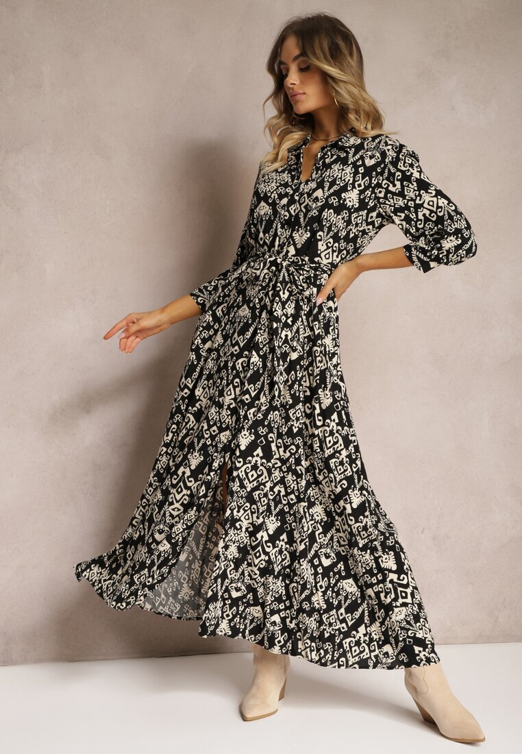 belcci Rochie cămașă Neagră Legată în talie Cu model etno Din viscoză Lokaggia