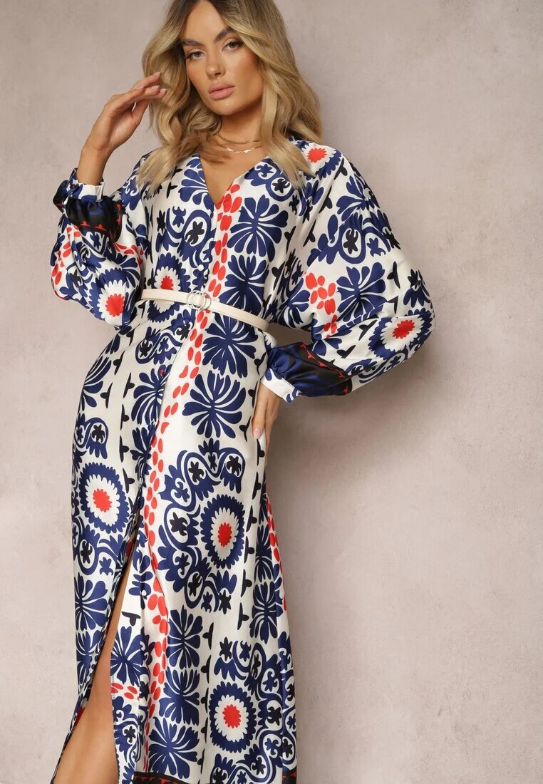 belcci Rochie Croi Drept Albastră din Țesătură de Satin cu Model Ornamental Allilena