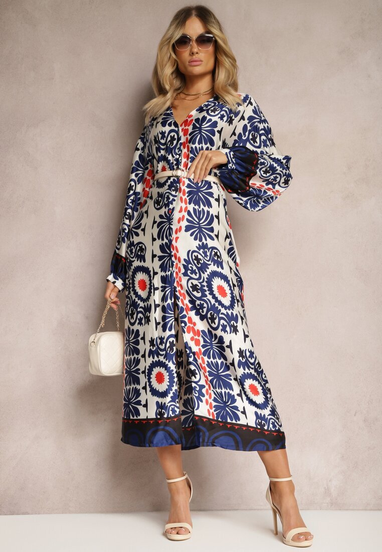 belcci Rochie Croi Drept Albastră din Țesătură de Satin cu Model Ornamental Allilena