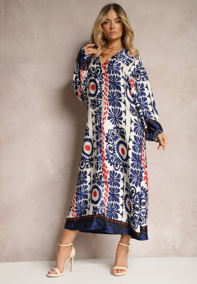 belcci Rochie Croi Drept Albastră din Țesătură de Satin cu Model Ornamental Allilena