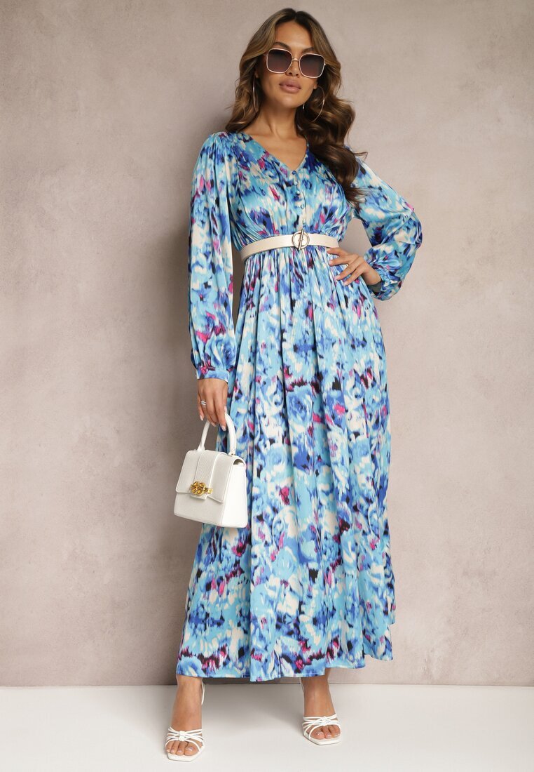 belcci Rochie de satin maxi cambrată bleumarin cu imprimeu abstract Arcadina
