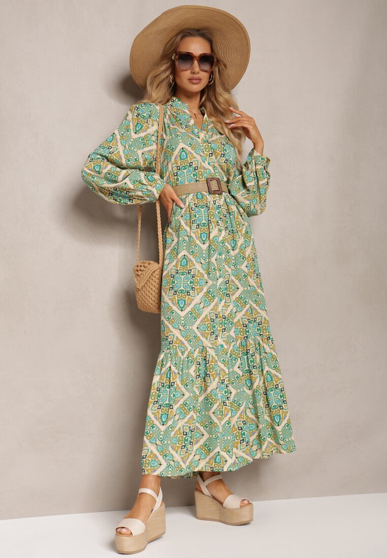 belcci Rochie din viscoză verde cu croială evazată cu volan și nasturi Orines
