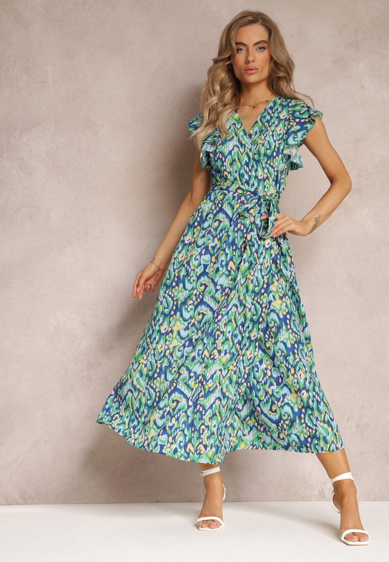 belcci Rochie Evazată Bleumarin-Verde Maxi cu Fir Metalic și Curea Lată Xisa