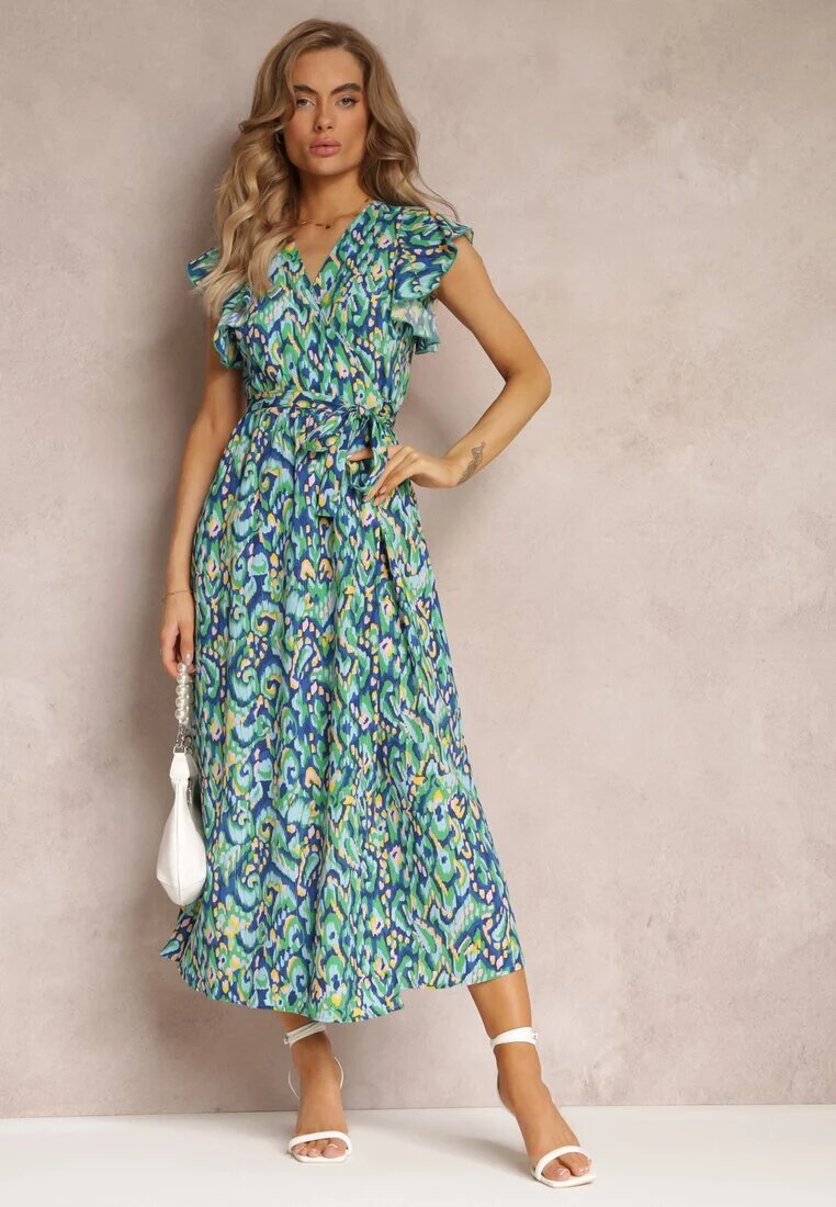 belcci Rochie Evazată Bleumarin-Verde Maxi cu Fir Metalic și Curea Lată Xisa