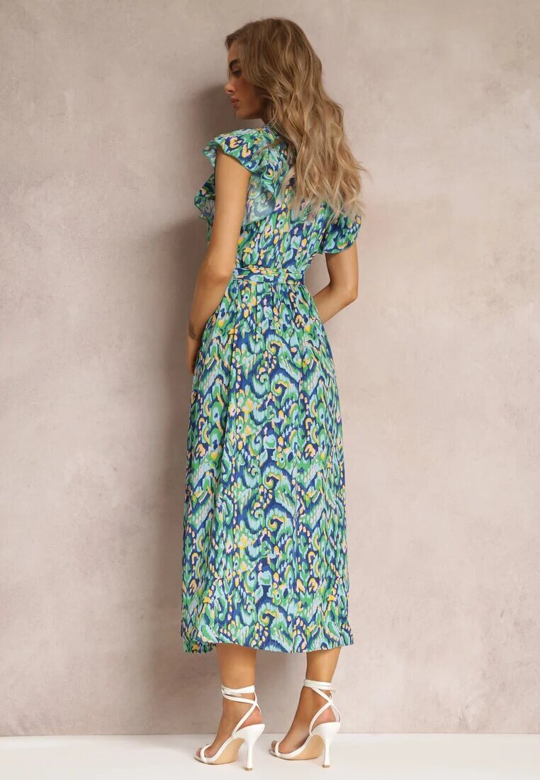 belcci Rochie Evazată Bleumarin-Verde Maxi cu Fir Metalic și Curea Lată Xisa