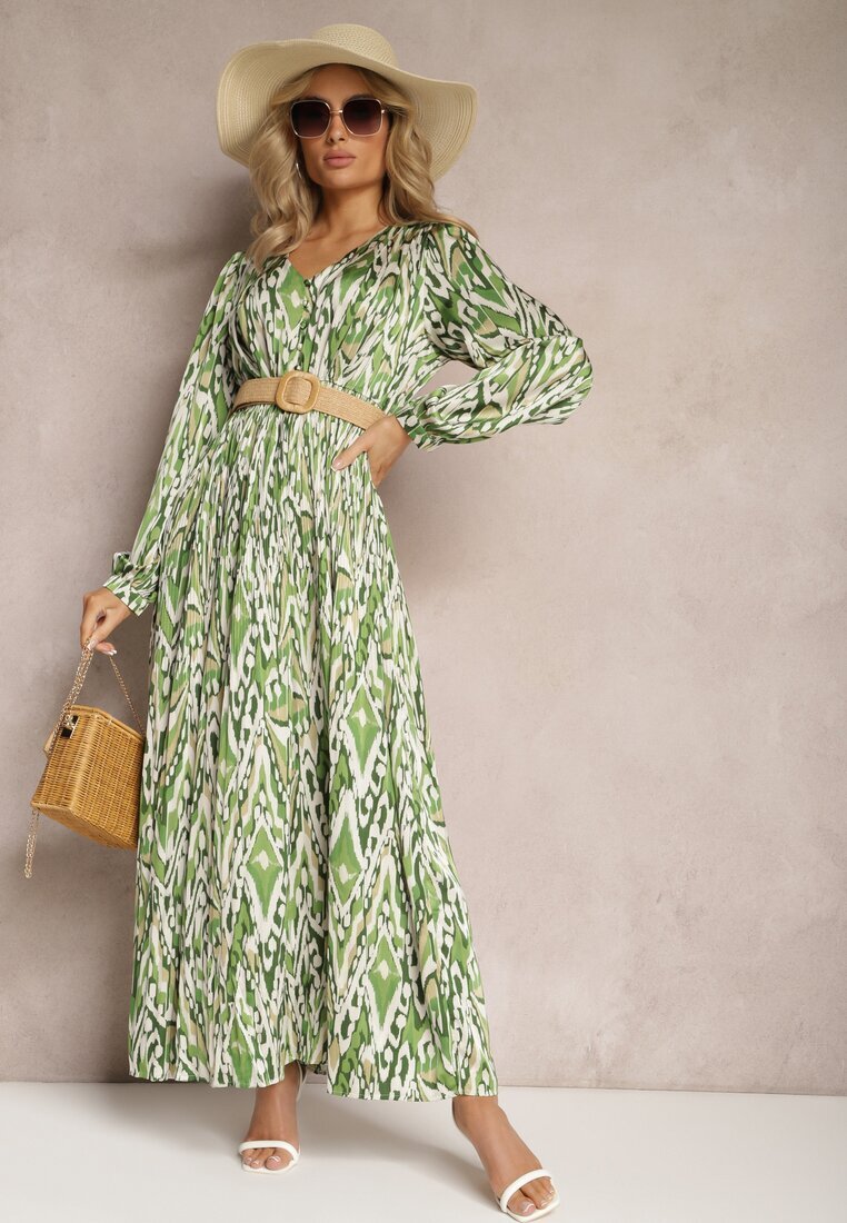 belcci Rochie Evazată Maxi Verde cu Elastic în Talie Decorată cu Model Abstract Raliven
