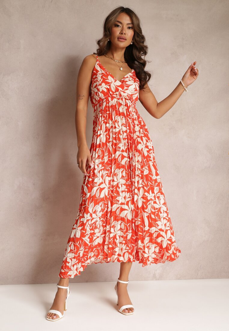 belcci Rochie Florală Portocalie Maxi cu tiv plisat și elastic în talie Xinne