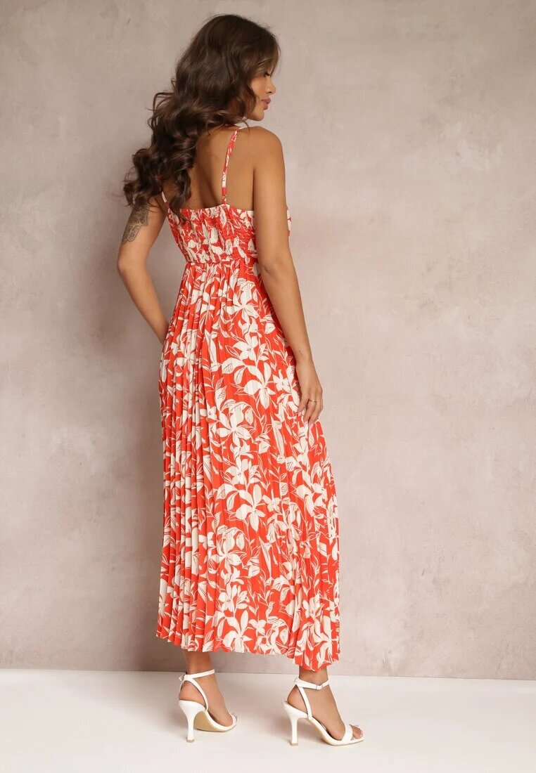 belcci Rochie Florală Portocalie Maxi cu tiv plisat și elastic în talie Xinne