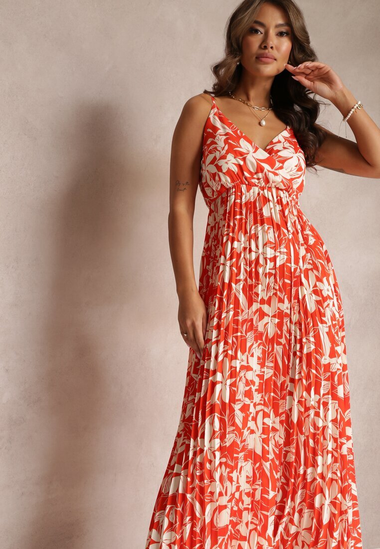 belcci Rochie Florală Portocalie Maxi cu tiv plisat și elastic în talie Xinne