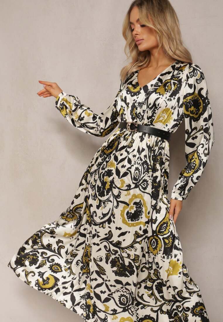 belcci Rochie Lungă Bej-Verde din Satin cu Elastic în Talie și Imprimeu Ornamental Anoitia