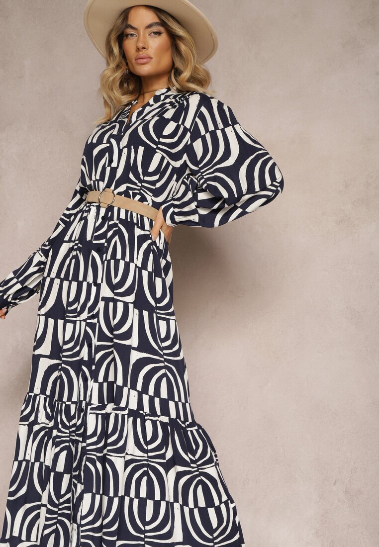 belcci Rochie Lungă Bleumarin Cloș cu Imprimeu Geometric cu Guler Skulle