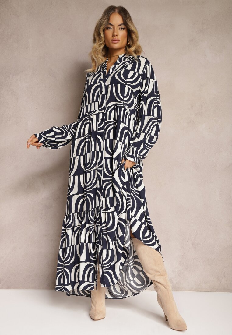 belcci Rochie Lungă Bleumarin Cloș cu Imprimeu Geometric cu Guler Skulle