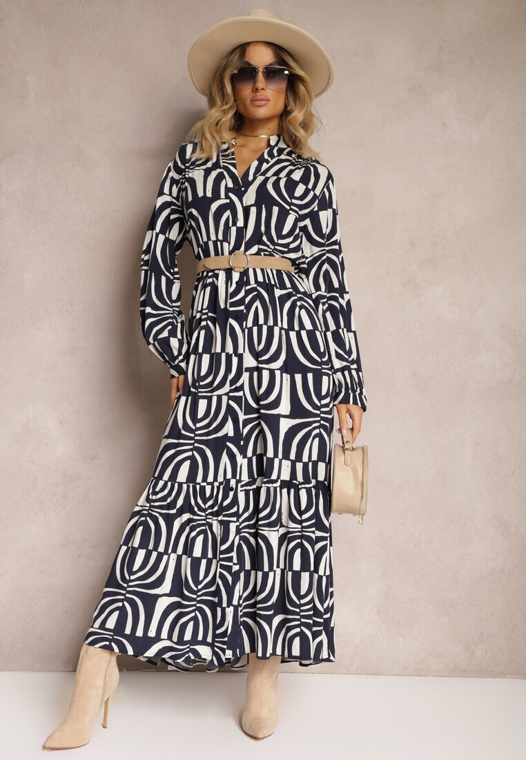 belcci Rochie Lungă Bleumarin Cloș cu Imprimeu Geometric cu Guler Skulle