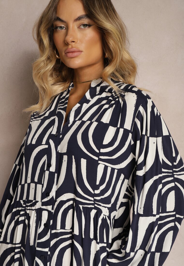 belcci Rochie Lungă Bleumarin Cloș cu Imprimeu Geometric cu Guler Skulle