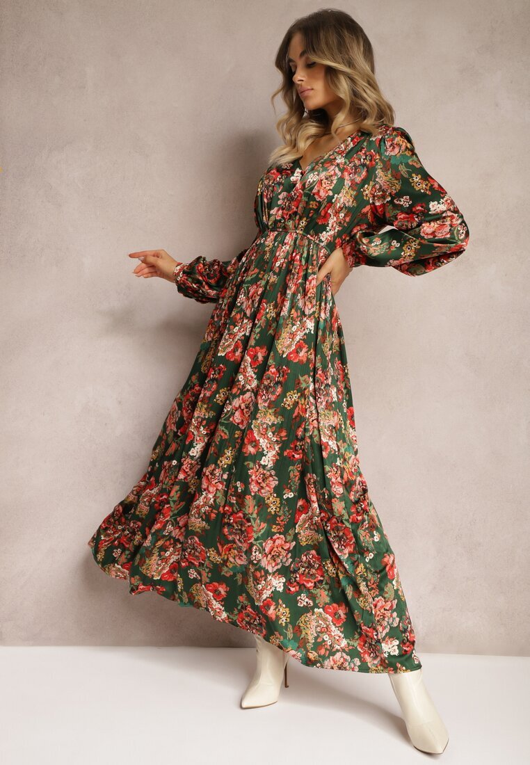 belcci Rochie lungă evazată verde-roz cu pliuri cu imprimeu floral Toada