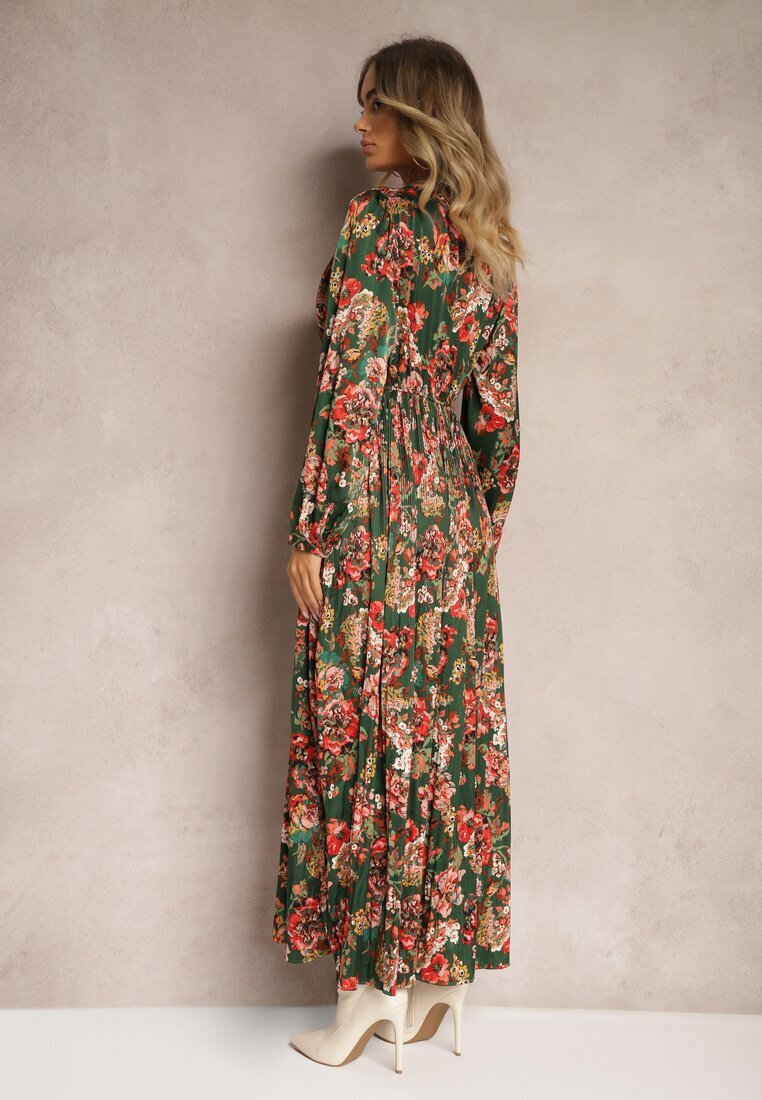 belcci Rochie lungă evazată verde-roz cu pliuri cu imprimeu floral Toada