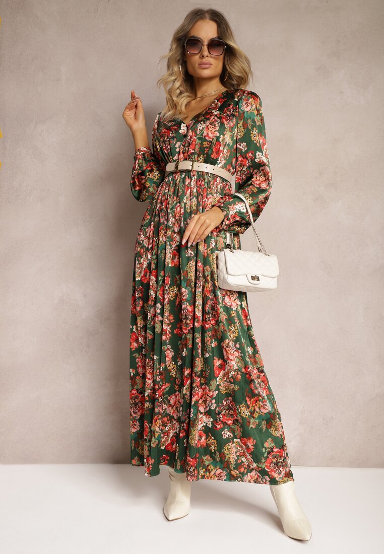belcci Rochie lungă evazată verde-roz cu pliuri cu imprimeu floral Toada