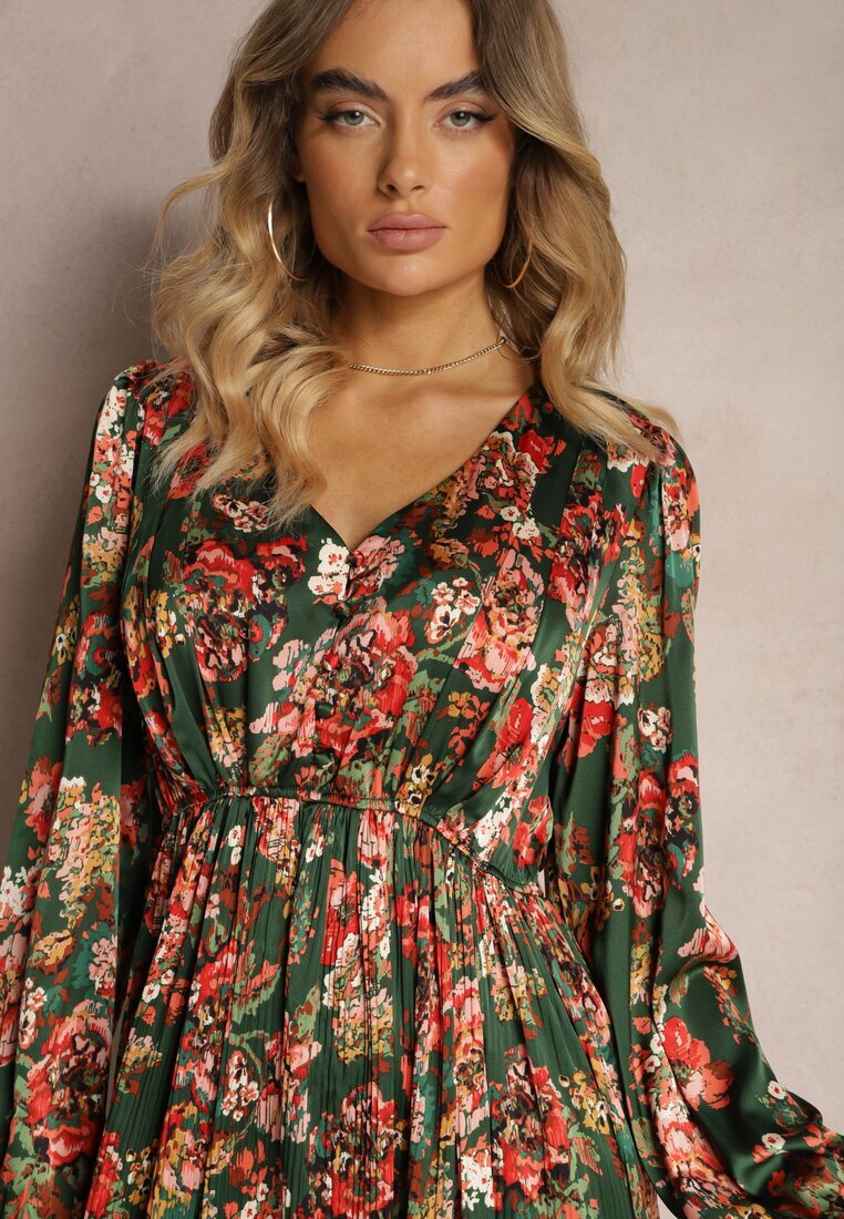 belcci Rochie lungă evazată verde-roz cu pliuri cu imprimeu floral Toada