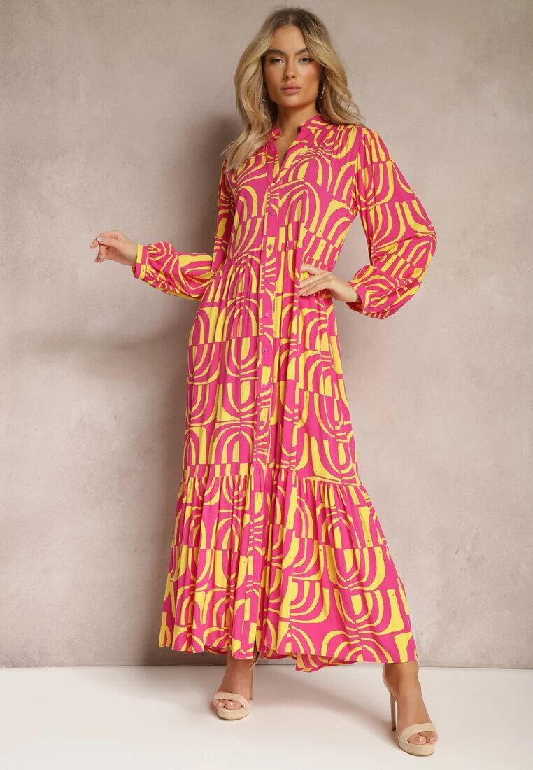 belcci Rochie Lungă Roz-Galbenă Cloș cu Imprimeuri Geometrice cu Guler Skulle