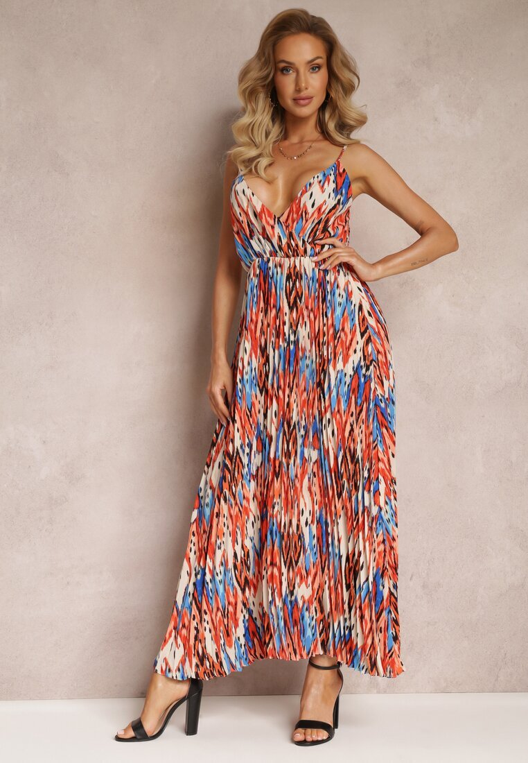 belcci Rochie Roșu-Albastră Plisată Maxi cu Elastic în Talie și cu Decolteu Petrecut Iralle