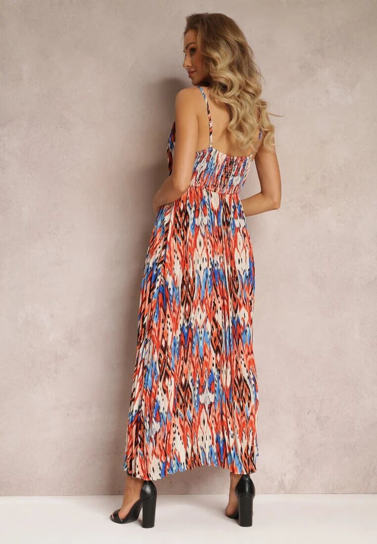 belcci Rochie Roșu-Albastră Plisată Maxi cu Elastic în Talie și cu Decolteu Petrecut Iralle