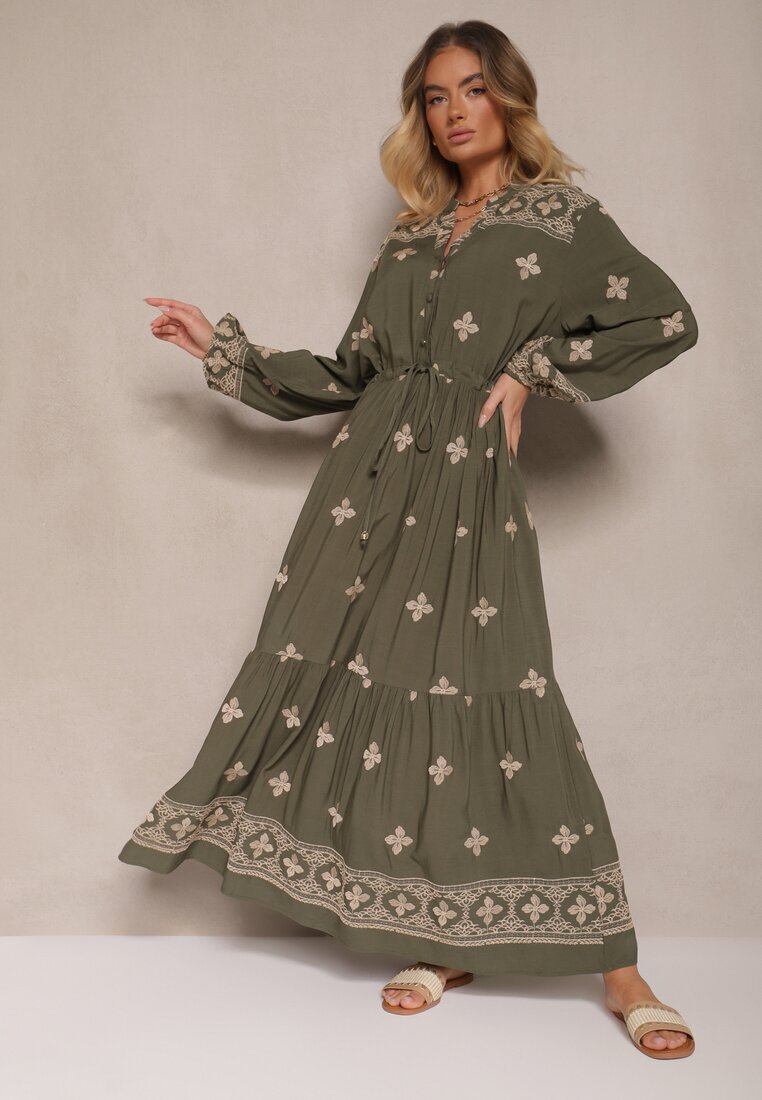 belcci Rochie Verde închis cu broderie din bumbac și șnur în talie Zenlio