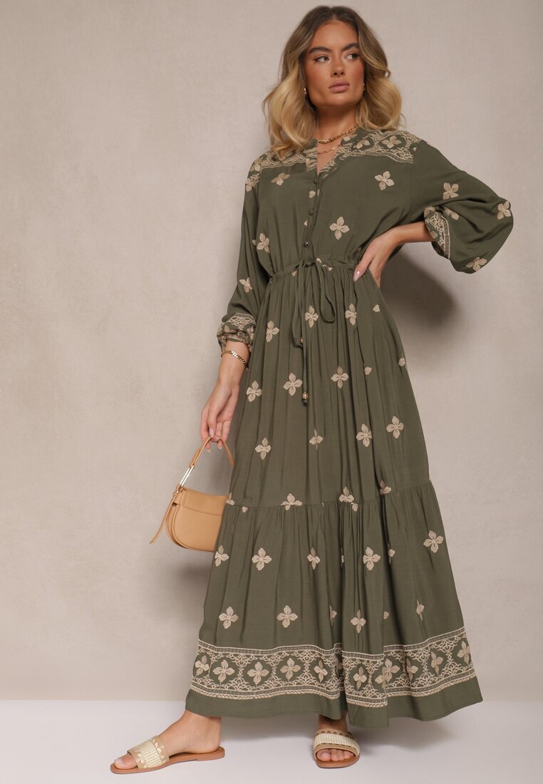 belcci Rochie Verde închis cu broderie din bumbac și șnur în talie Zenlio