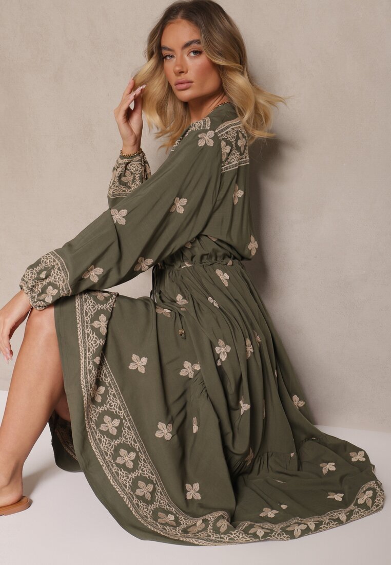 belcci Rochie Verde închis cu broderie din bumbac și șnur în talie Zenlio