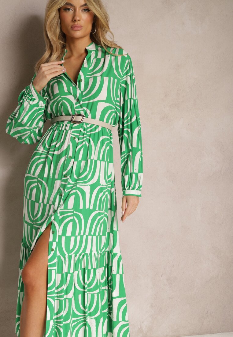 belcci Rochie Verde Lungă Evazată cu Imprimeu Geometric și Guler Skulle
