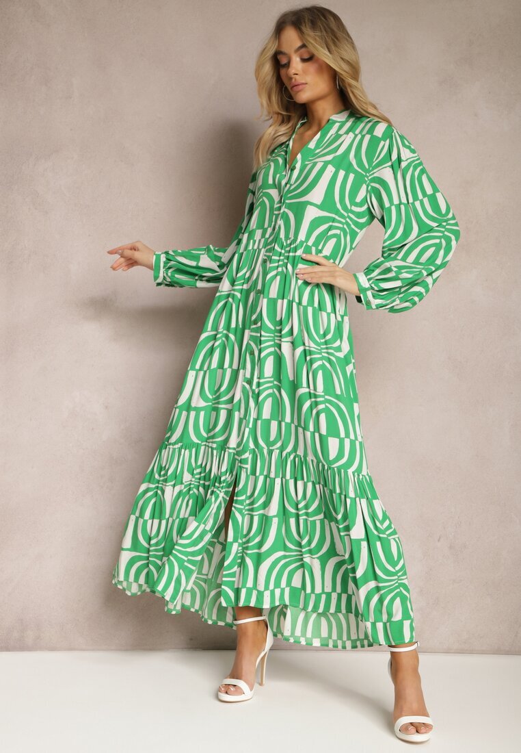 belcci Rochie Verde Lungă Evazată cu Imprimeu Geometric și Guler Skulle