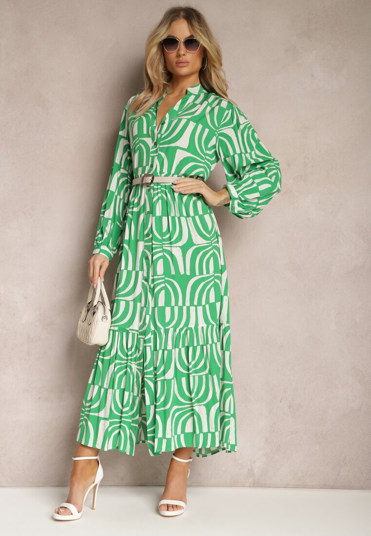 belcci Rochie Verde Lungă Evazată cu Imprimeu Geometric și Guler Skulle