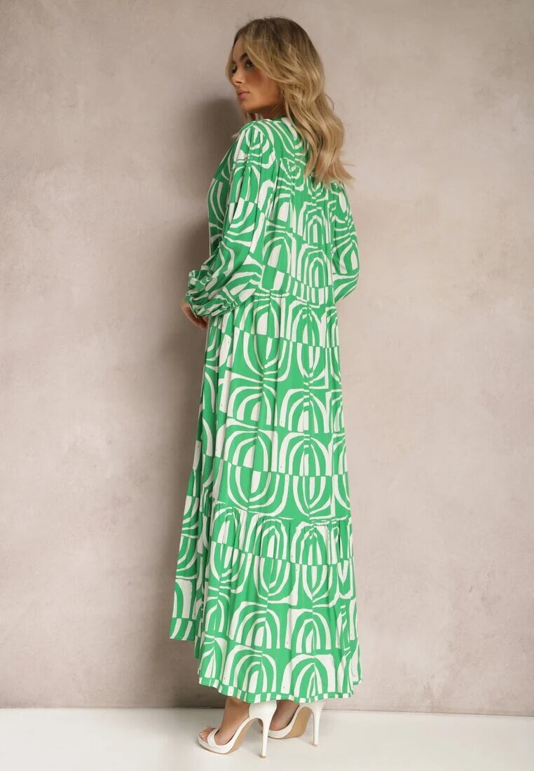 belcci Rochie Verde Lungă Evazată cu Imprimeu Geometric și Guler Skulle