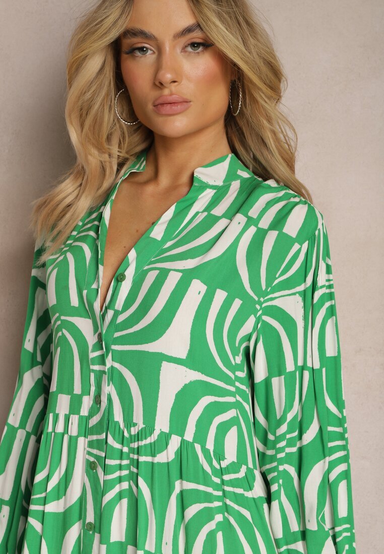 belcci Rochie Verde Lungă Evazată cu Imprimeu Geometric și Guler Skulle