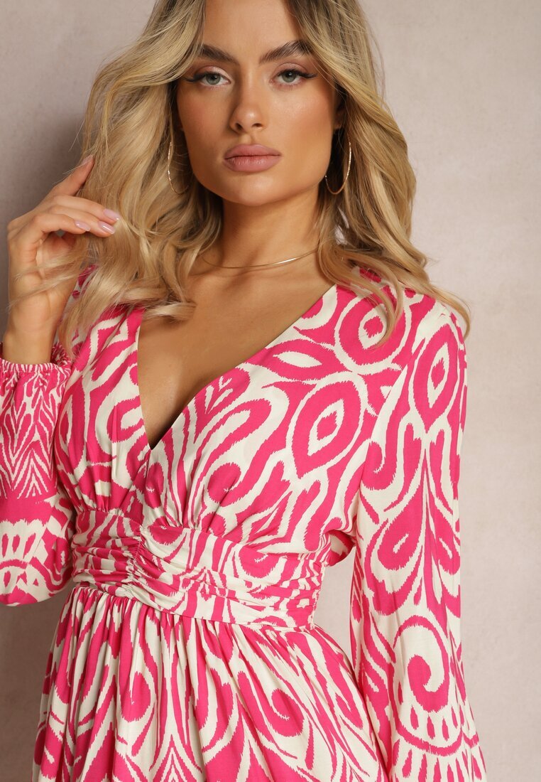 belcci Rochie Viscoză Roz-Albă cu Croială Cloș Mâneci Lungi Finisate cu Elastic Kililasa
