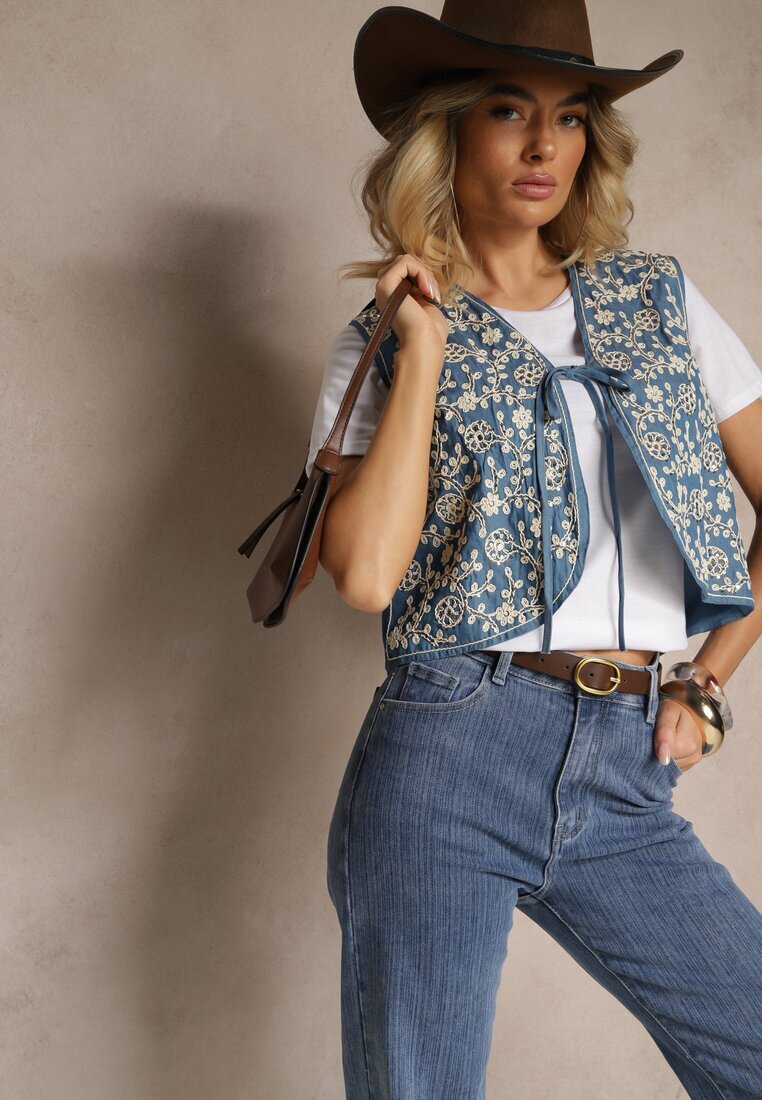 belcci Vestă Albastră Legată din Bumbac Decorată cu Broderie cu Motiv Floral Lisavirae