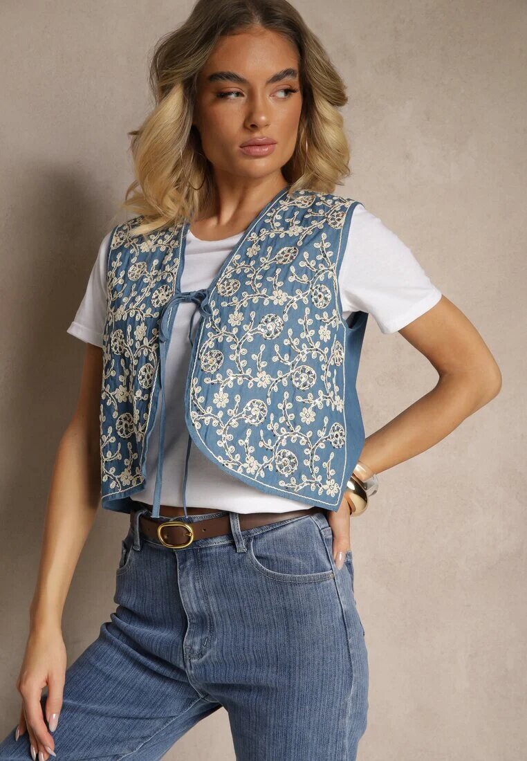 belcci Vestă Albastră Legată din Bumbac Decorată cu Broderie cu Motiv Floral Lisavirae