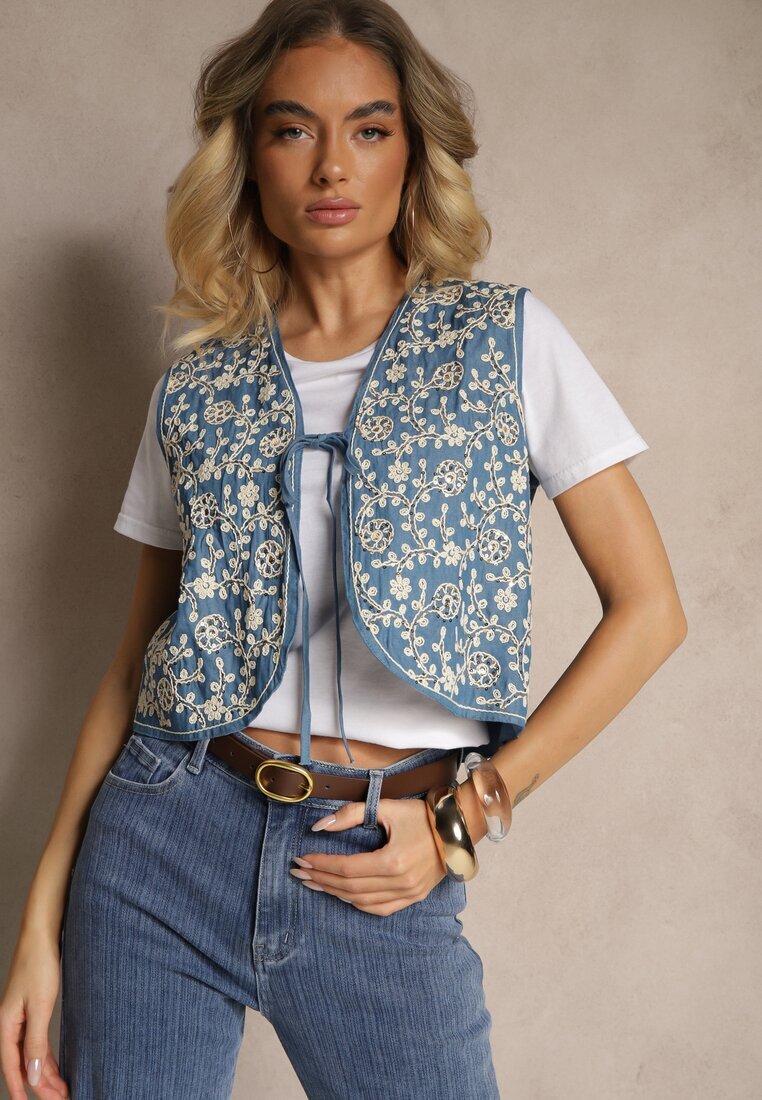 belcci Vestă Albastră Legată din Bumbac Decorată cu Broderie cu Motiv Floral Lisavirae