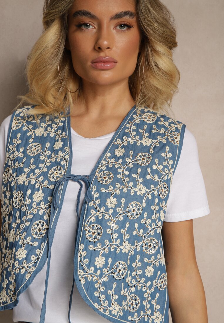 belcci Vestă Albastră Legată din Bumbac Decorată cu Broderie cu Motiv Floral Lisavirae