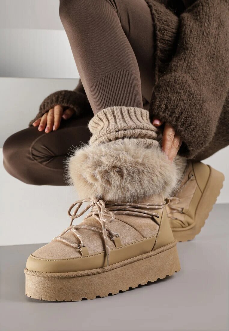 bellamila Cizme de zăpadă bej închis pe platformă decorate cu blană Teswena