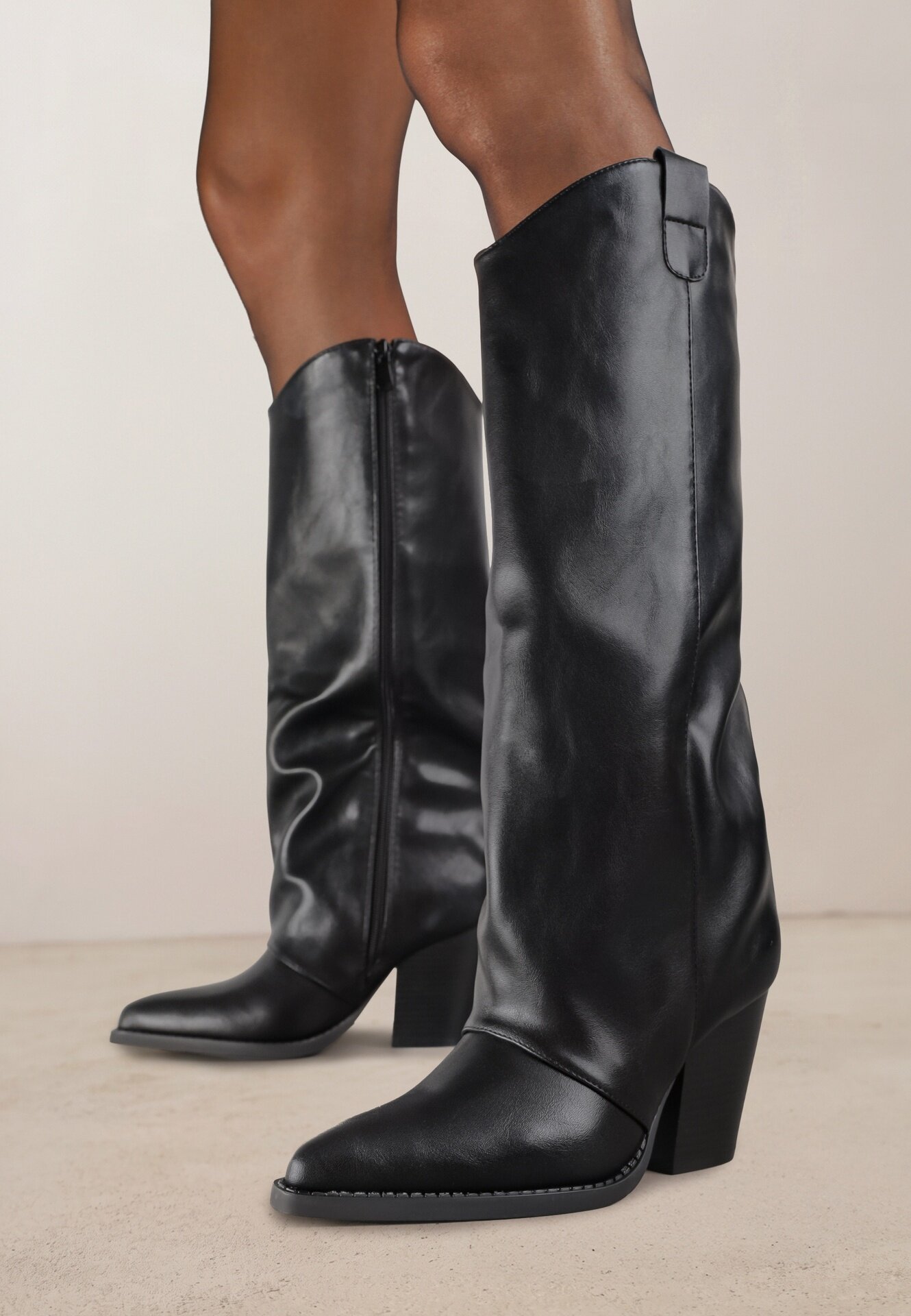 bestelle Cizme Negre Stil Cowboy cu Carâmb Drept și Toc Conic Afarrive