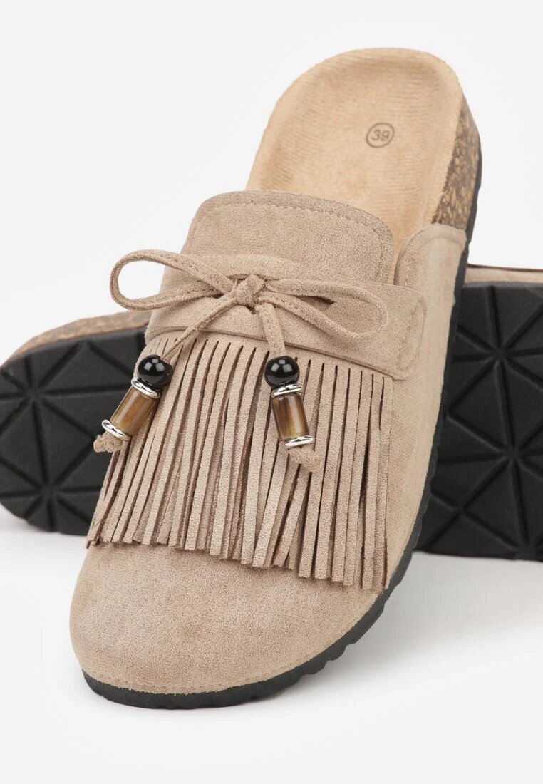 bestelle Papuci Mule Bej închis Boho din imitație de piele întoarsă cu franjuri și mărgele Elwedila