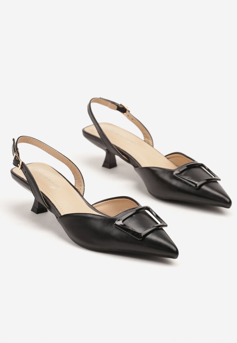 besty Sandale Negre Elegante cu toc pisoi cu Aplicație Decorativă Lavloti