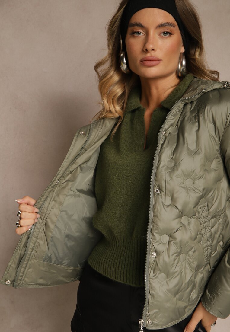 bh forever Geacă Verde Deschis cu Glugă Decorată cu Matlasare Delicată Aravitta