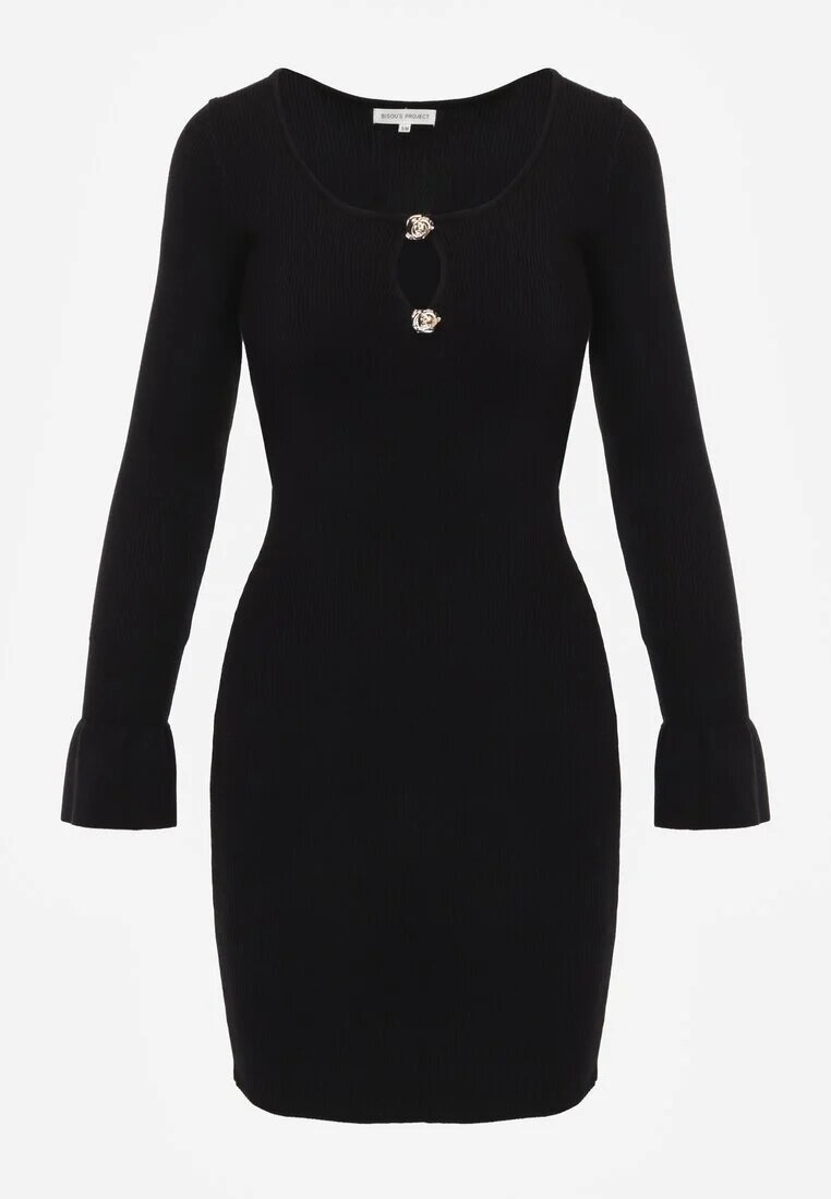 bibous project Rochie Bodycon Reiată din Vâscoză Decorată cu Decupaj și Nasturi Neagră Nevelaura