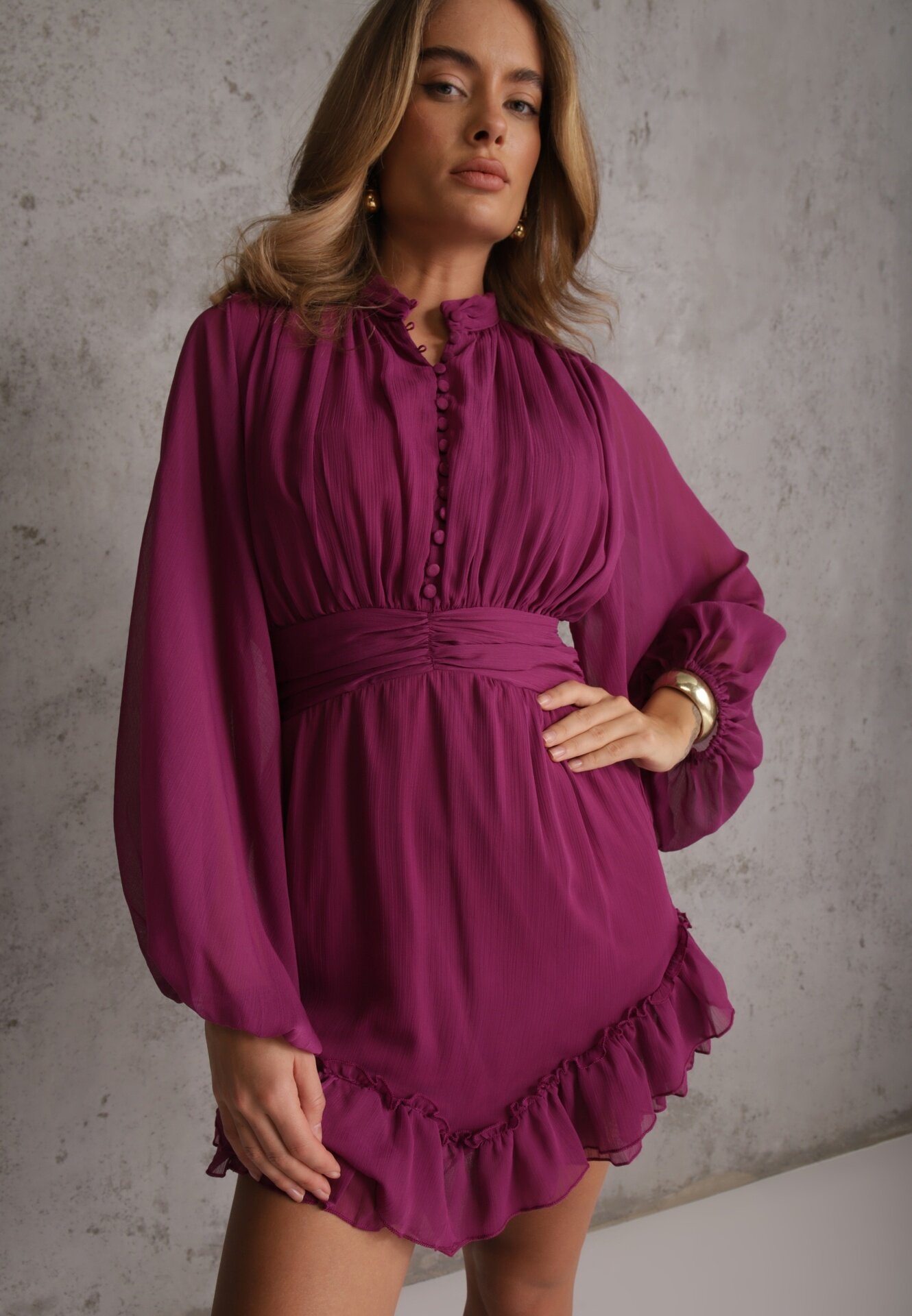bibous project Rochie Mini Mov cu elastic încrețit și Mâneci Transparente Janay