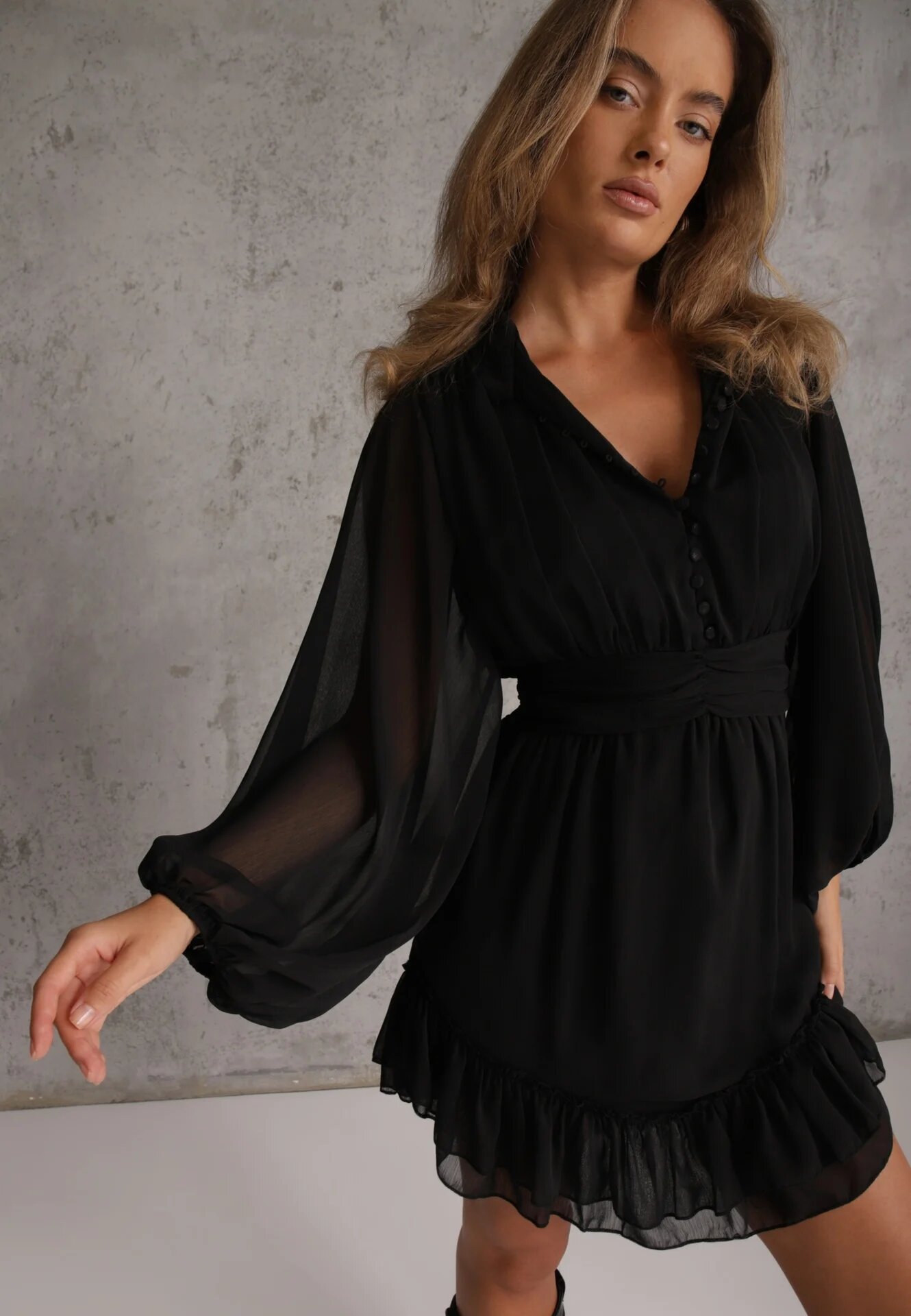 bibous project Rochie Mini Neagră cu bandă elastică încrețită și Mâneci transparente Janay