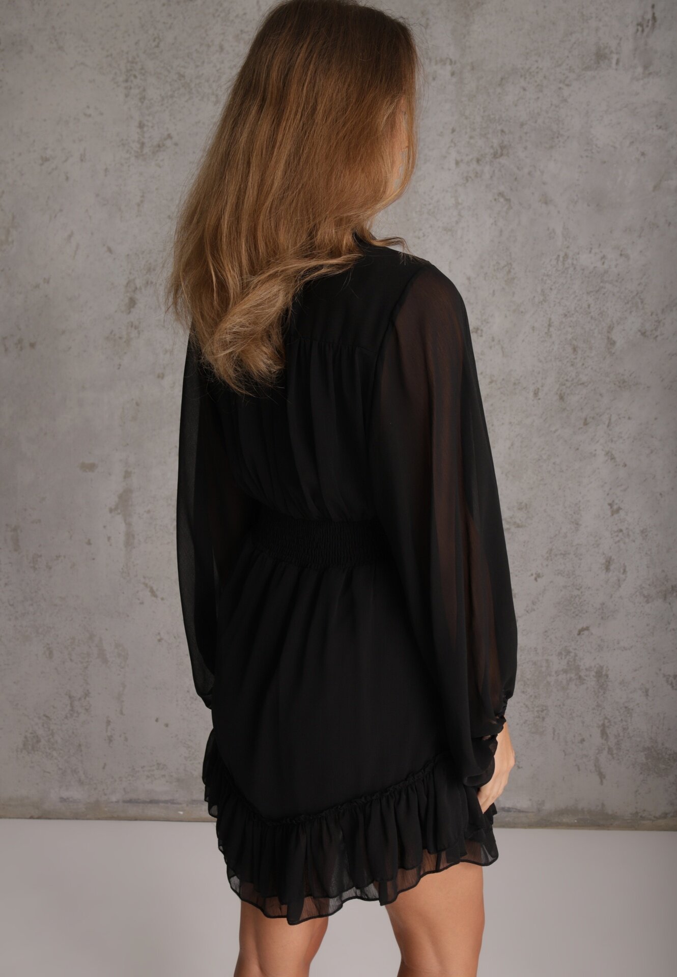 bibous project Rochie Mini Neagră cu bandă elastică încrețită și Mâneci transparente Janay