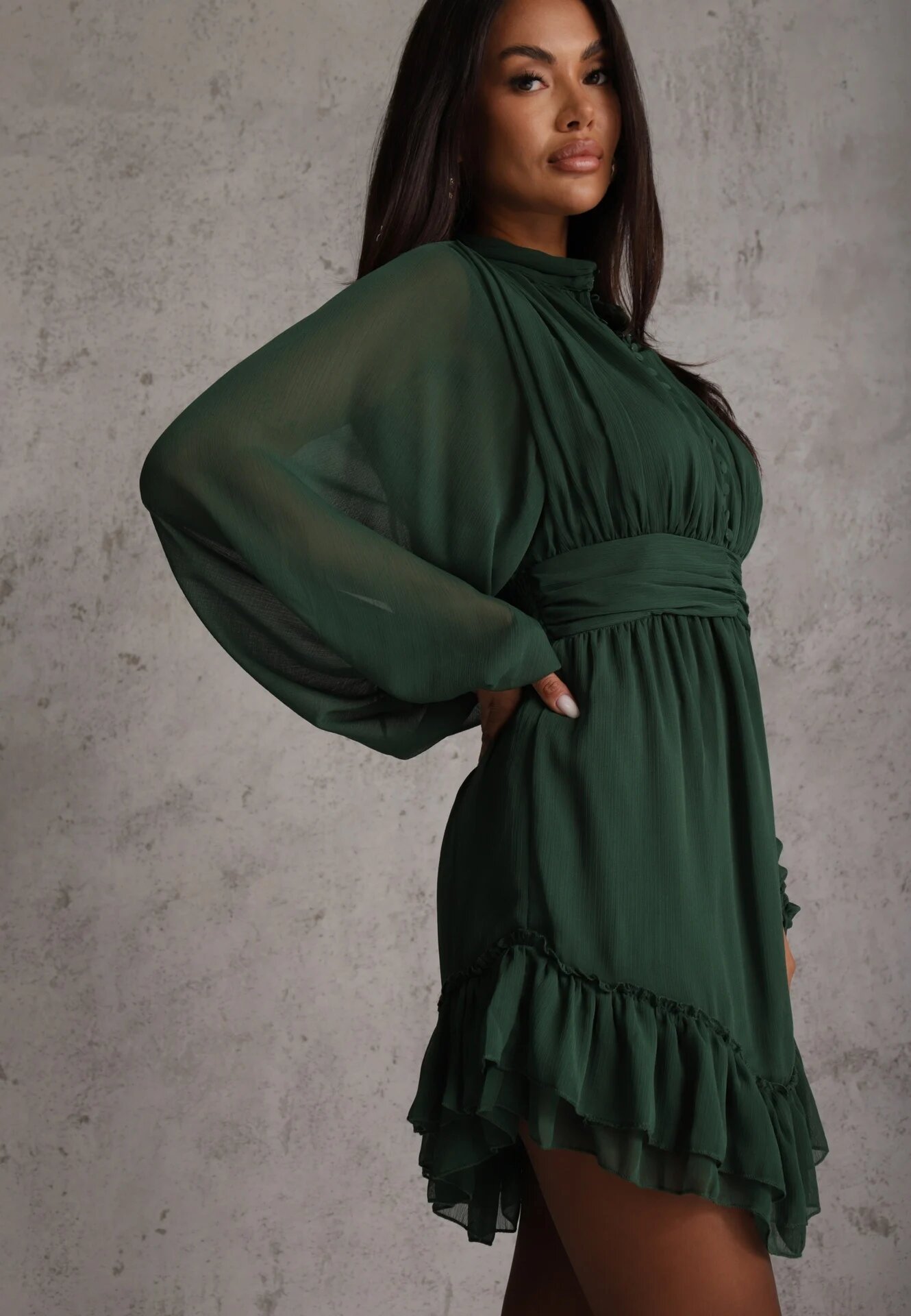 bibous project Rochie Mini Verde închis cu elastic încrețit și mâneci transparente Janay